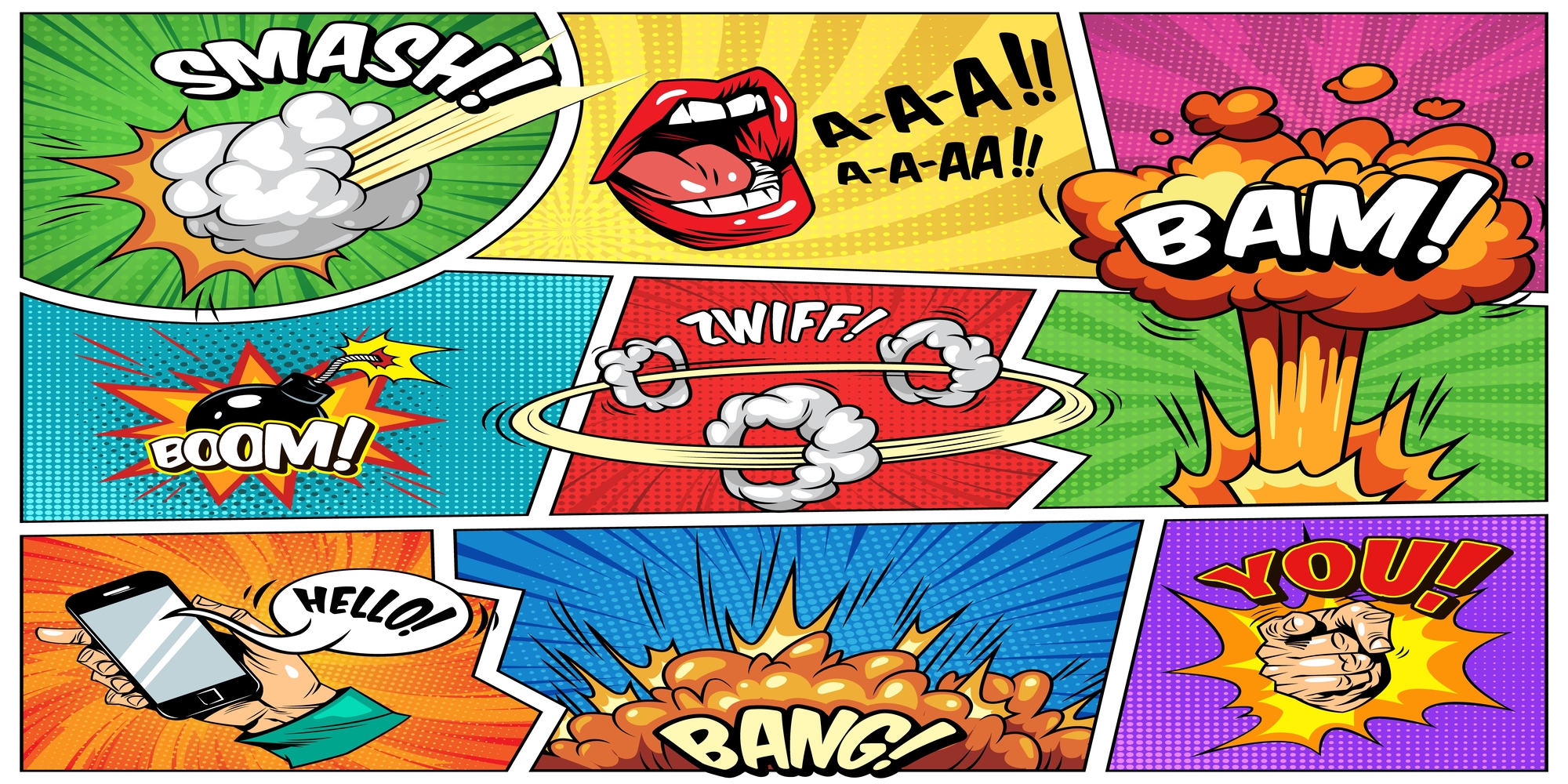 Comic bright composition with explosive halftone rays radial effects speech bubbles wordings shouting mouth bomb hand holding mobile vector illustration